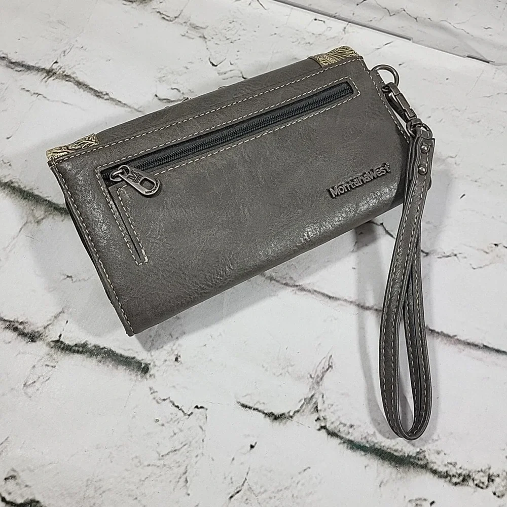 Montana West Wallet Womens Leather Gray Western Clutch‎ Wristlet Fringe Cowgirl